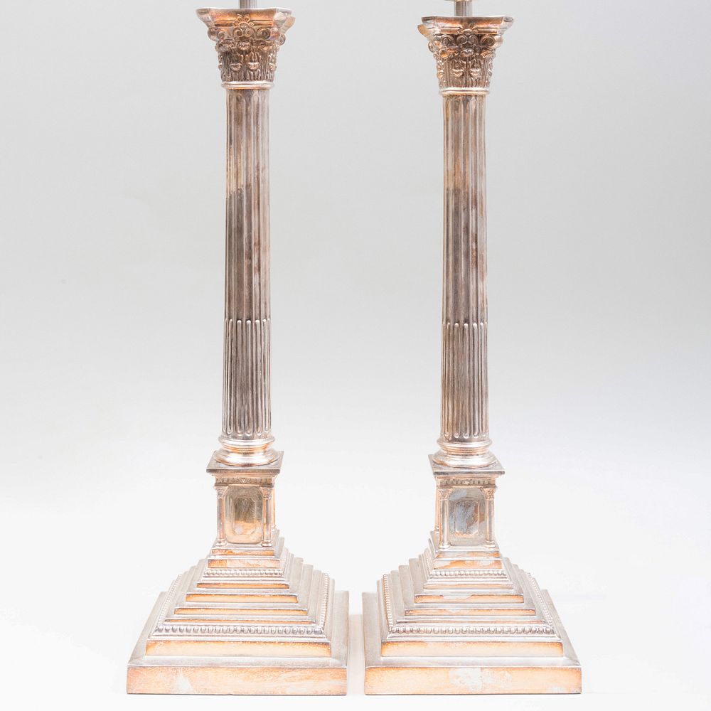 Appraisal: Pair of Large Silver Plate Corinthian Columnar Lamps With pseudo