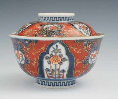 Appraisal: A Chinese Imari Style Covered Bowl Tapered shape footed bowl