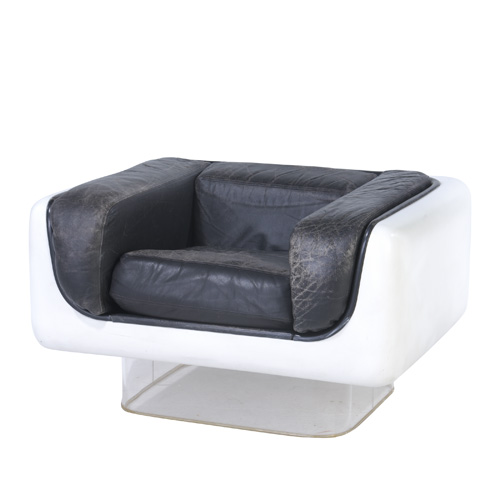 Appraisal: STEELCASE White plastic chair with black leather upholstery on clear