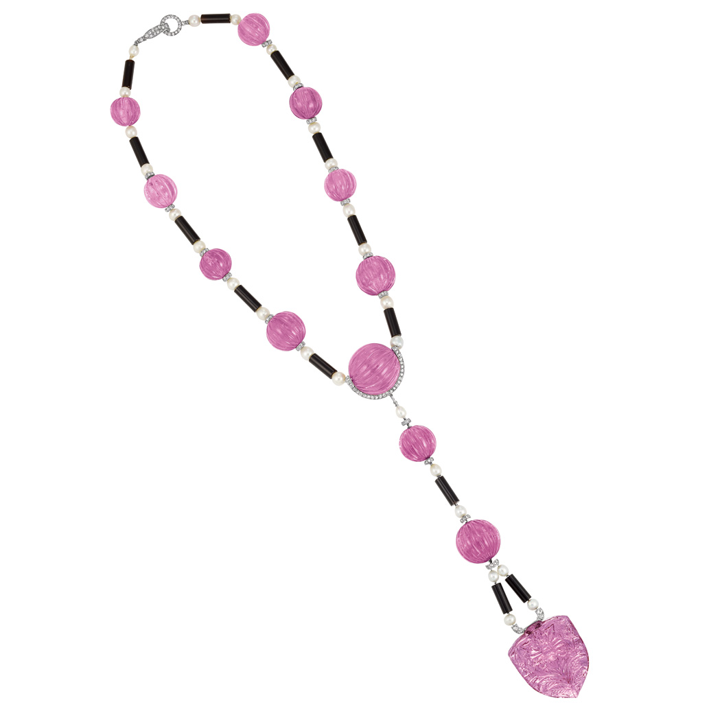 Appraisal: Art Deco Platinum Carved Pink Tourmaline Black Onyx Pearl and