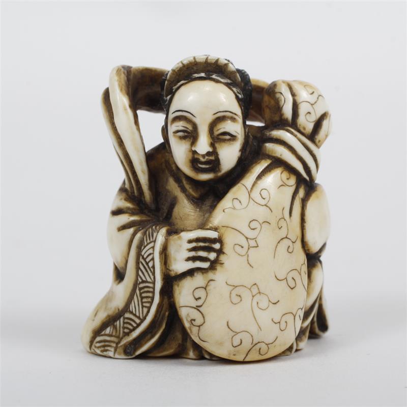 Appraisal: Japanese carved ivory netsuke Benzaiten figure H x W