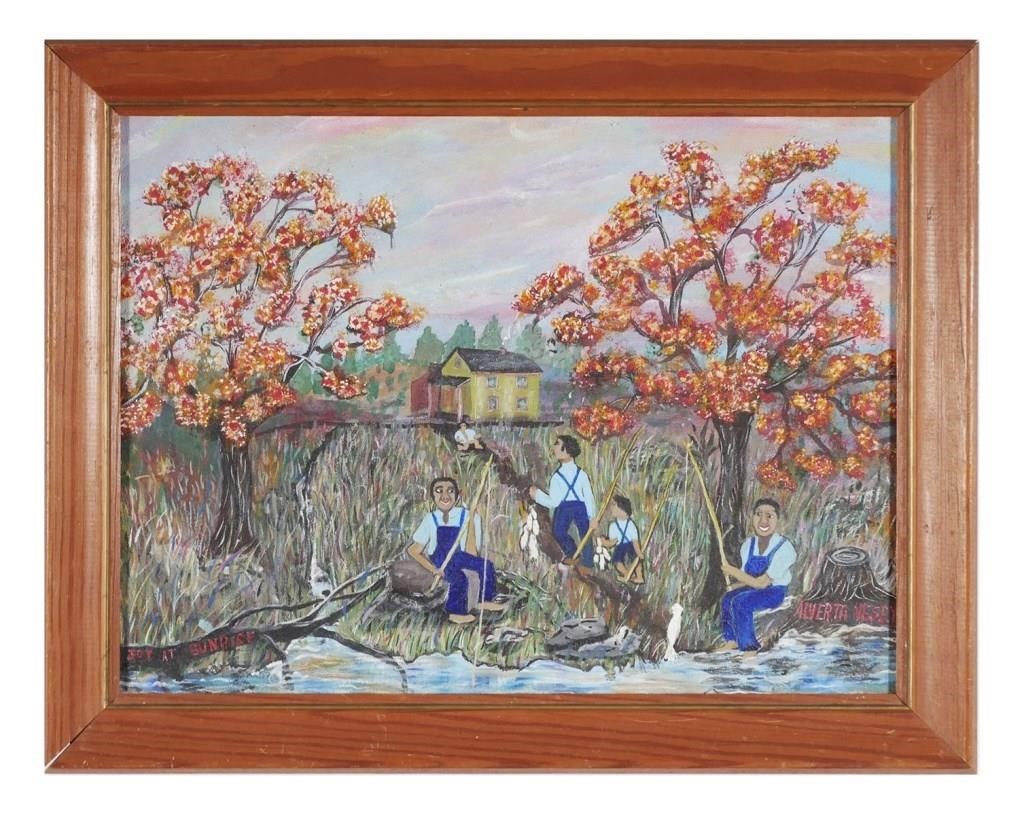 Appraisal: Folk art painting of a group of men fishing in