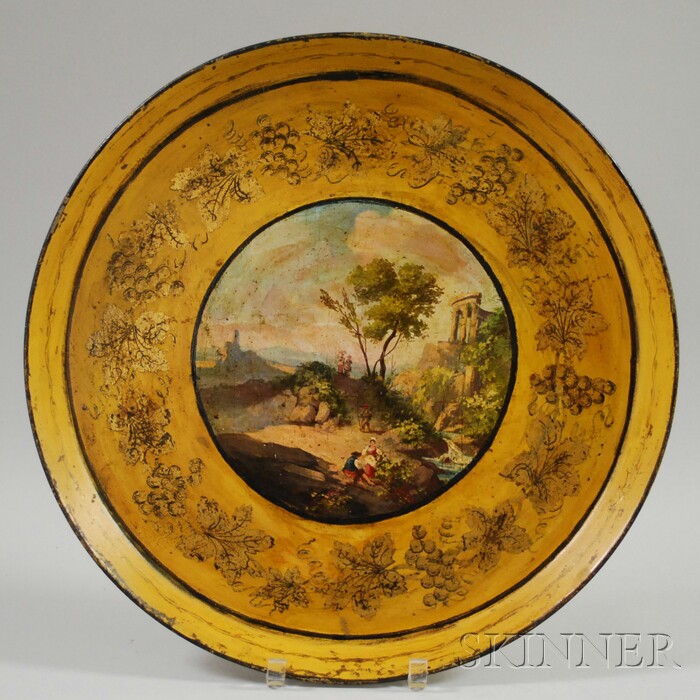 Appraisal: French Circular Gilt-stenciled and Hand-painted Landscape-decorated Tole Tray dia in