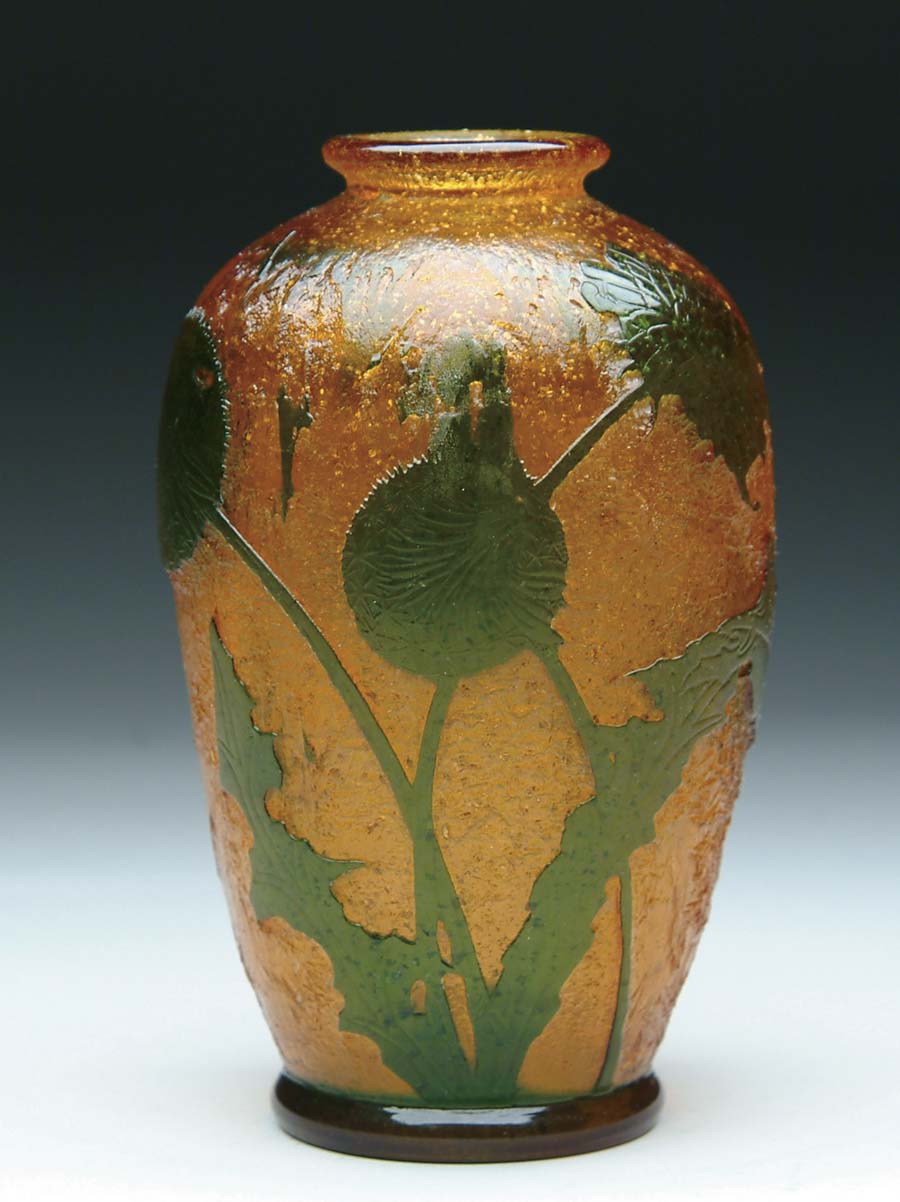 Appraisal: DESIRE CHRISTIAN CAMEO VASE Outstanding cameo vase has green cameo