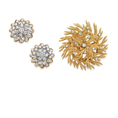 Appraisal: Gold and Diamond Pendant-Brooch and Pair of Cluster Earrings Estimate