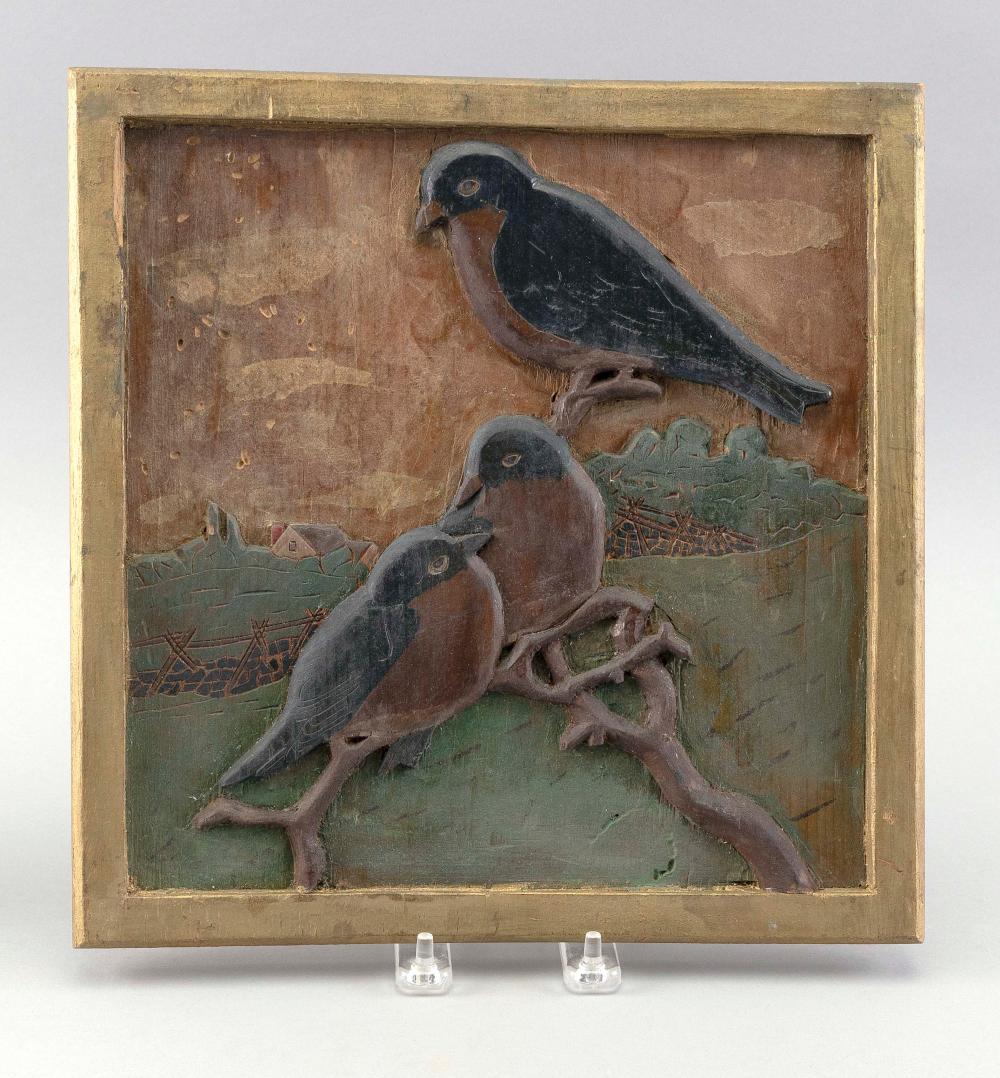 Appraisal: HAND-CARVED AND PAINTED PANEL DEPICTING SONGBIRDS TH CENTURY OVERALL X