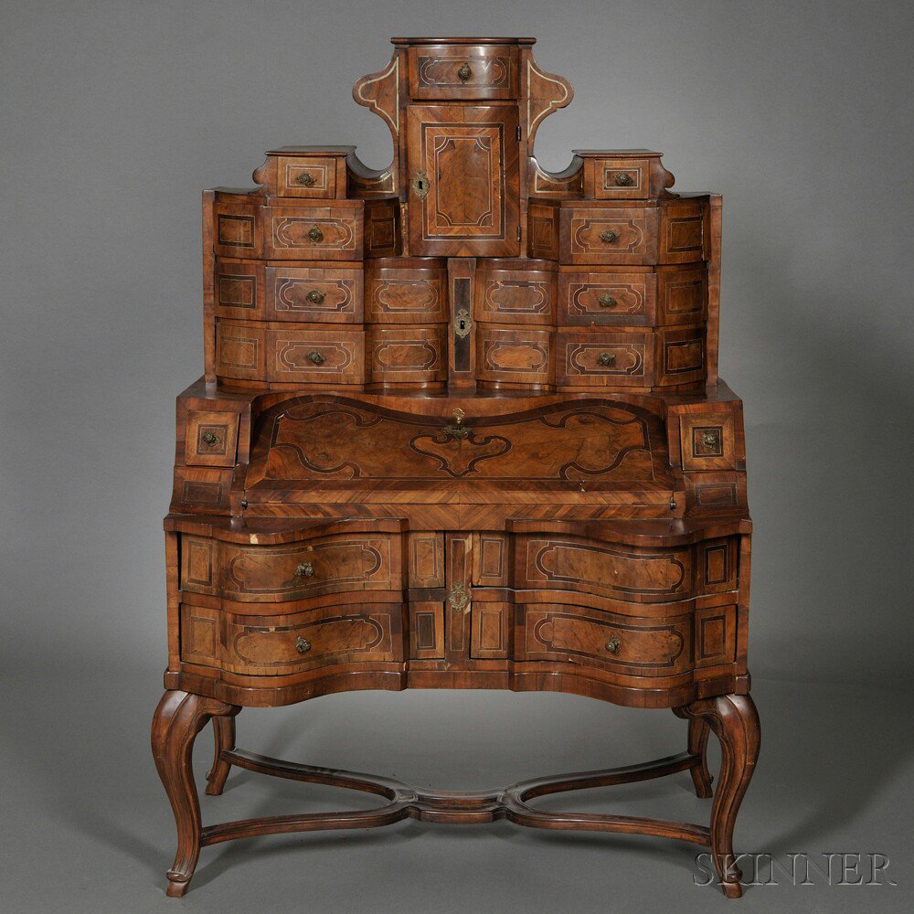 Appraisal: Baroque Marquetry Walnut-veneer and Pewter-inlaid Bureau Cabinet southern Germany mid-