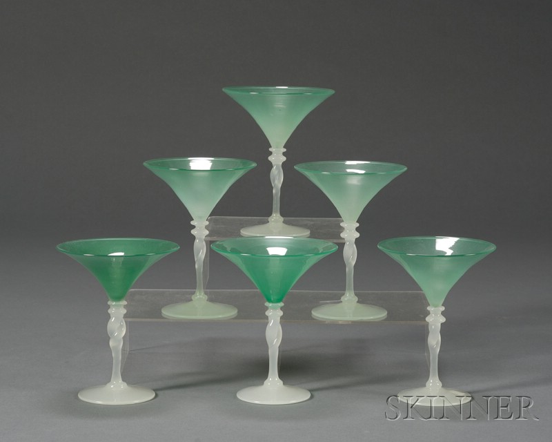 Appraisal: Six Pieces of Art Glass Stemware Jade and alabaster glass