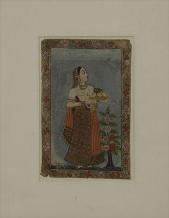 Appraisal: Indian Miniature Painting Young Woman with Bowl of Fruit in