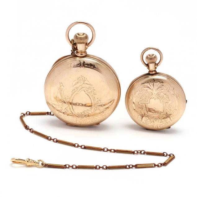 Appraisal: TWO VINTAGE GOLD FILLED HUNTER CASE POCKET WATCHES The first