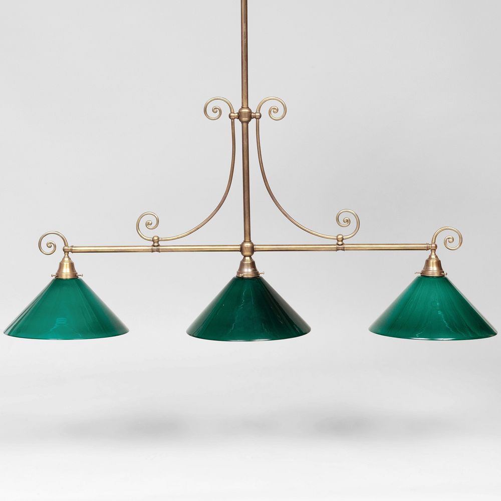 Appraisal: Two English Style Brass Billiard Lamps The largest with three