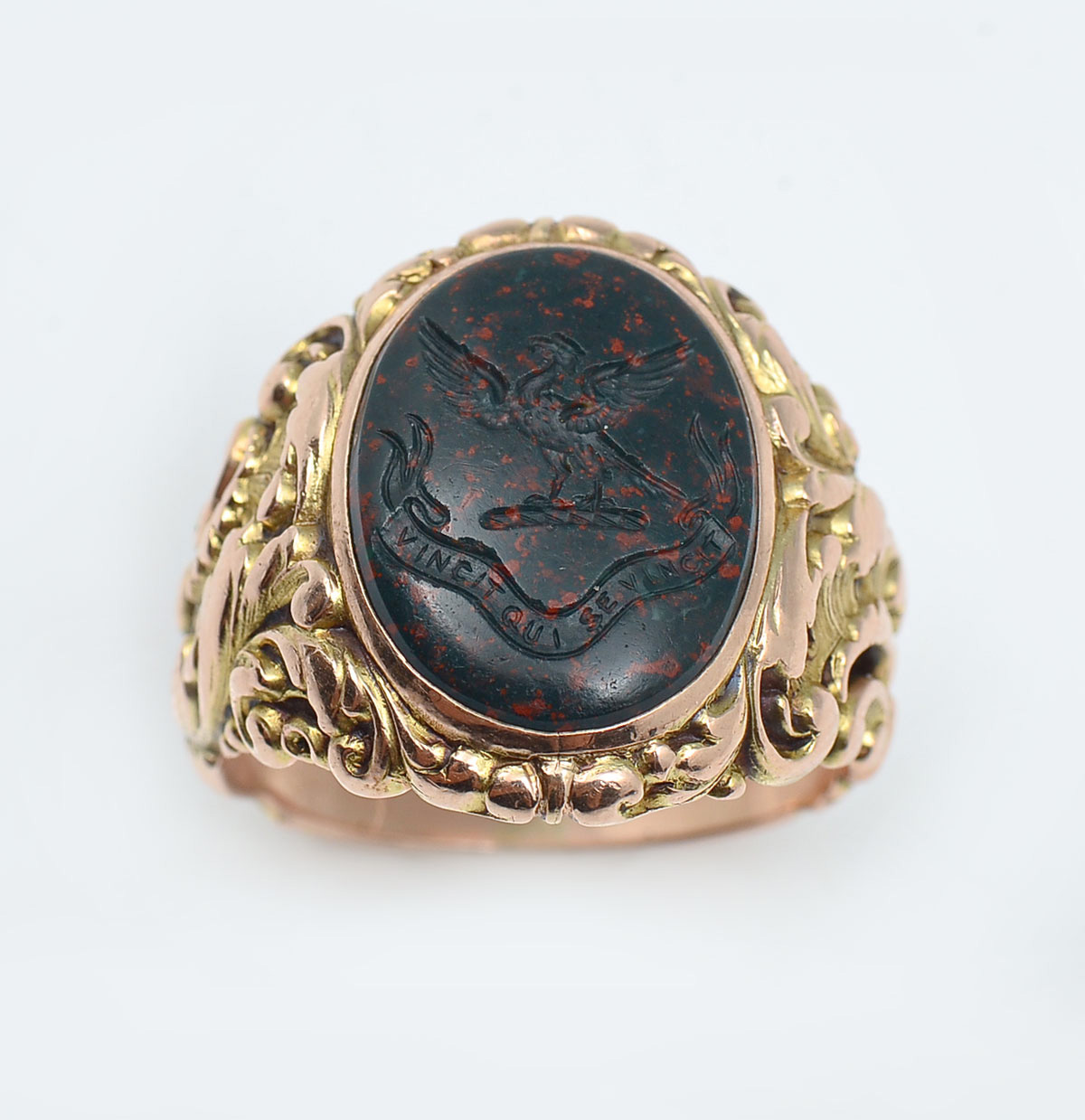 Appraisal: K VICTORIAN BLOODSTONE INTAGLIO RING K yellow gold repousse ring