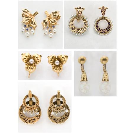 Appraisal: Group of Five Pairs of Gold Earclips Estimate -