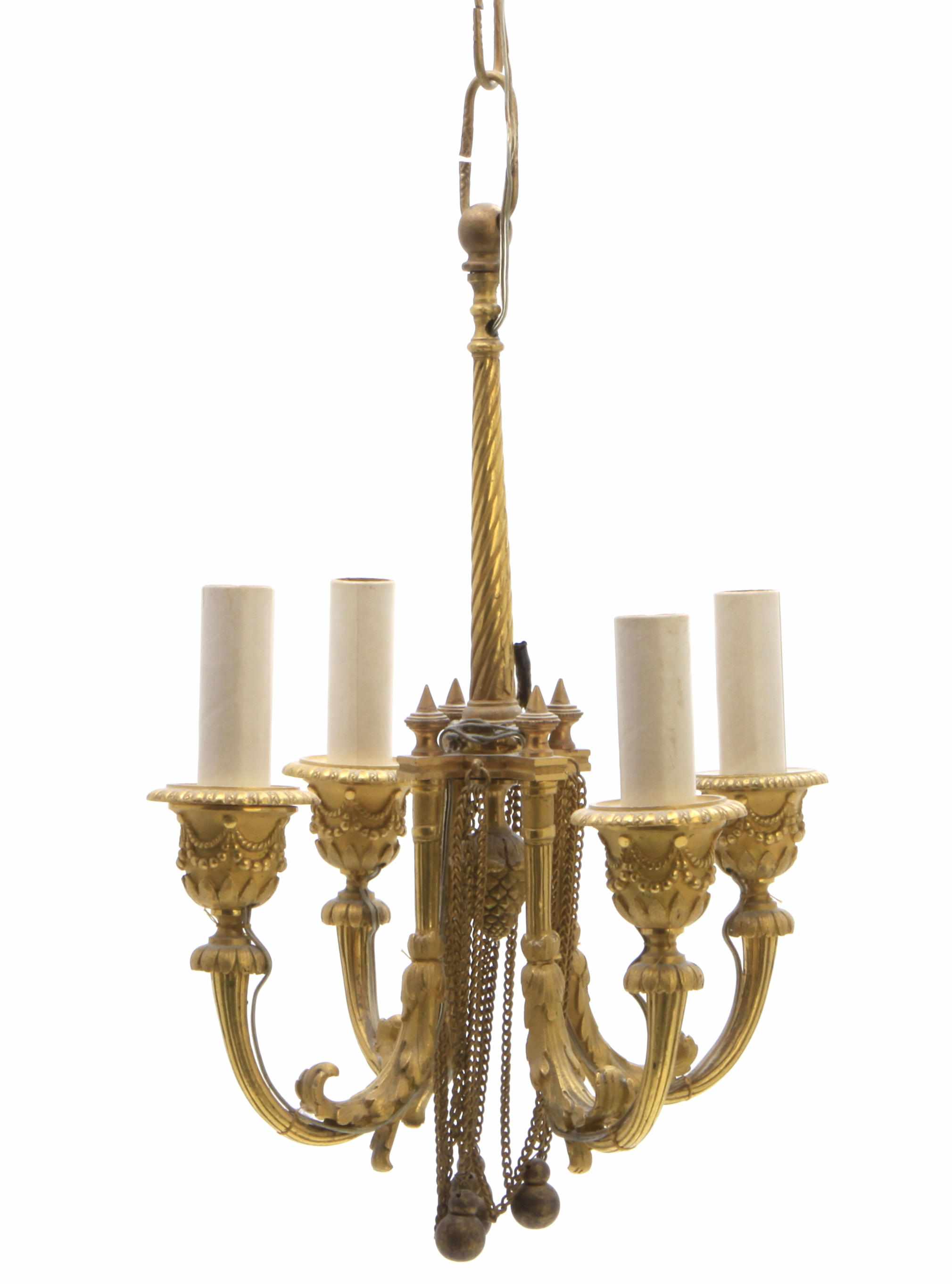 Appraisal: A diminutive Louis XVI style gilt bronze four light chandelier