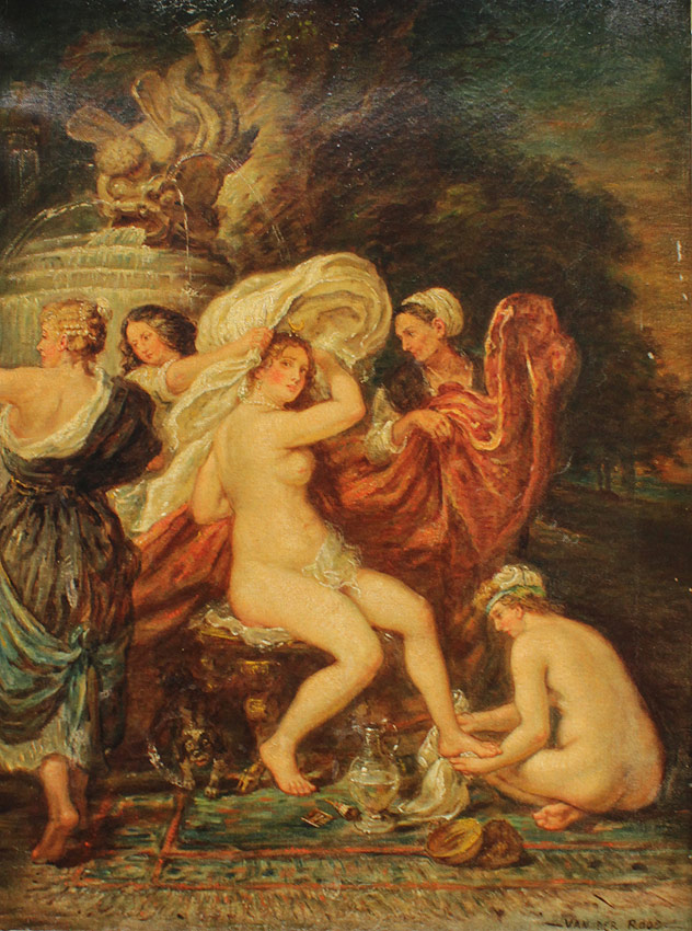 Appraisal: EARLY MASTER STYLE PAINTING OF A FEMALE NUDE WITH ATTENDANTS