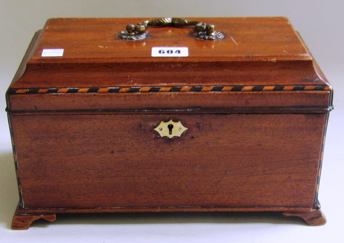 Appraisal: A George III inlaid mahogany rectangular tea caddy on splayed