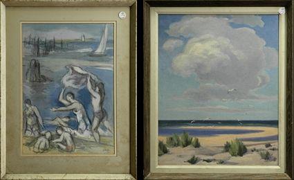 Appraisal: th Century School Beach Scene Seabird and Figures by the