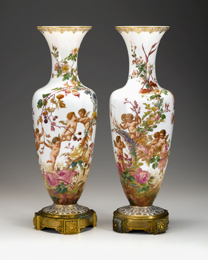 Appraisal: Pair of large French enameled opaline glass vases late th