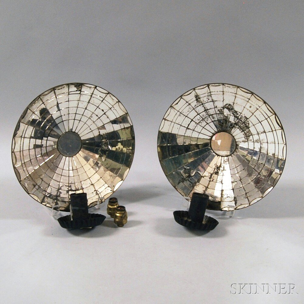 Appraisal: Pair of Mirrored Tin Wall Sconces early th century circular