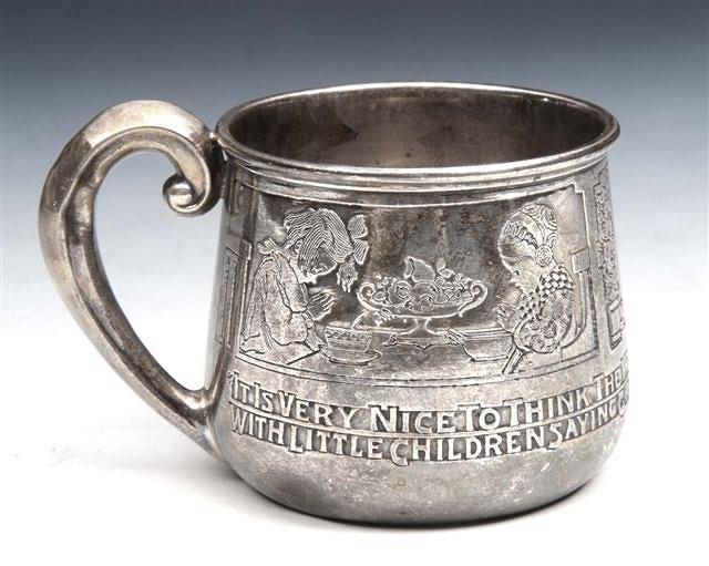 Appraisal: A SILVER CHRISTENING MUG with two engraved panels depicting children