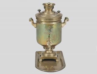 Appraisal: RUSSIAN BRASS SAMOVAR AND TRAY Last registration stamp Height