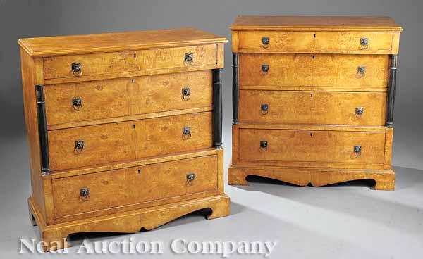 Appraisal: A Pair of Biedermeier-Style Curly Maple Chests rectangular top over