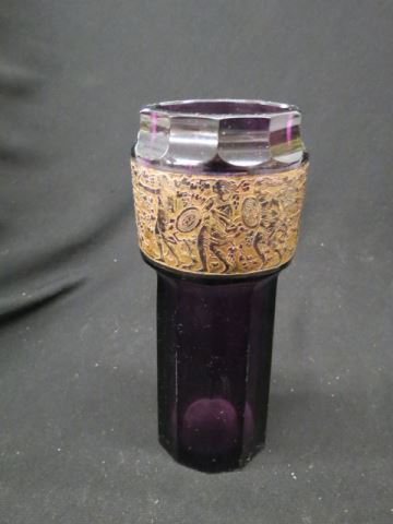 Appraisal: Moser Art Glass Vase panel cut deep amethyst etched gold