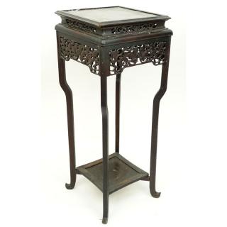 Appraisal: th Century Chinese Carved Plant Stand Pierced foliage apron stands