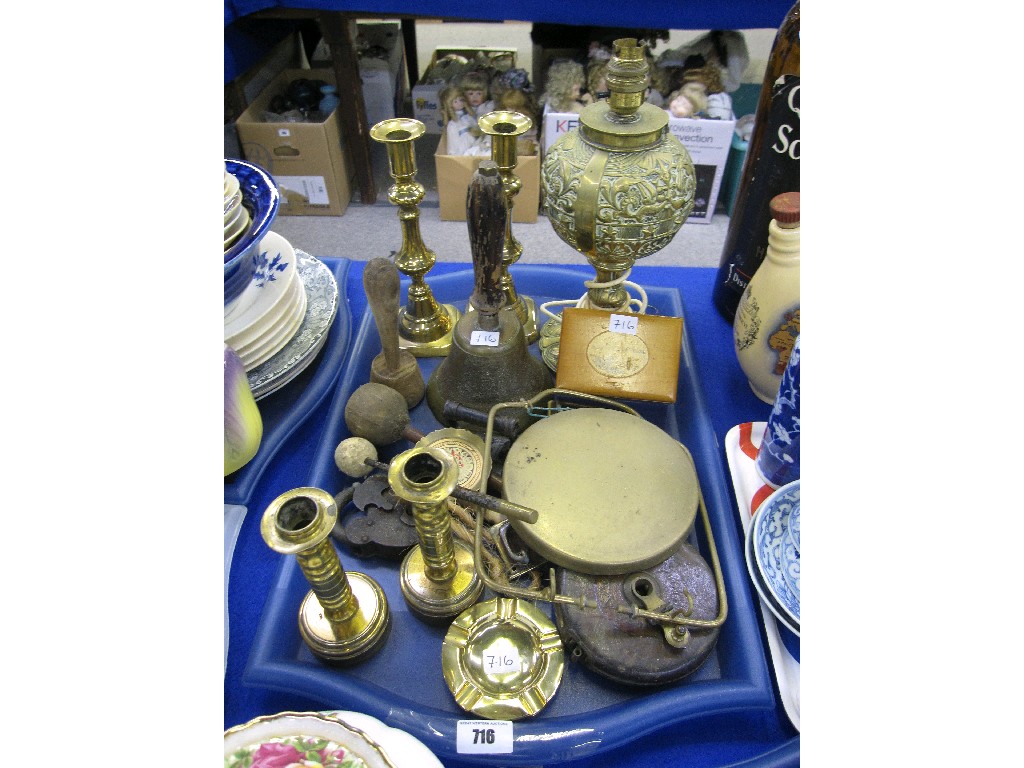 Appraisal: Tray lot of brassware and miscellania to include handbell candlesticks