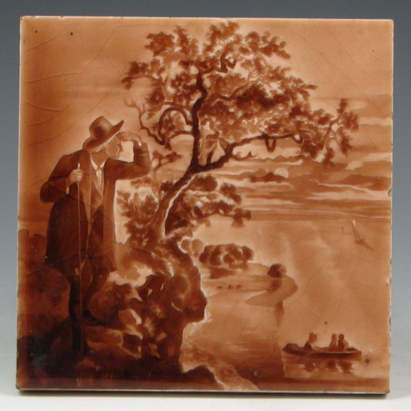 Appraisal: American Encaustic tile of man on a cliff looking over