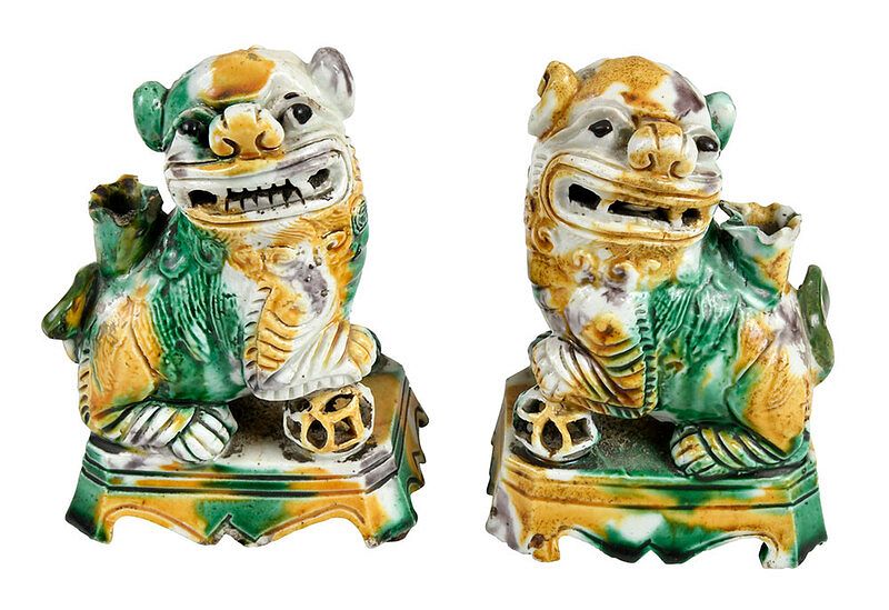 Appraisal: Pair of Chinese Sancai Glazed Foo Dogs Qing possibly Kangxi