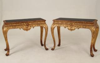 Appraisal: PAIR OF ENGLISH MARBLE TOP CONSOLE TABLES PAIR OF ENGLISH