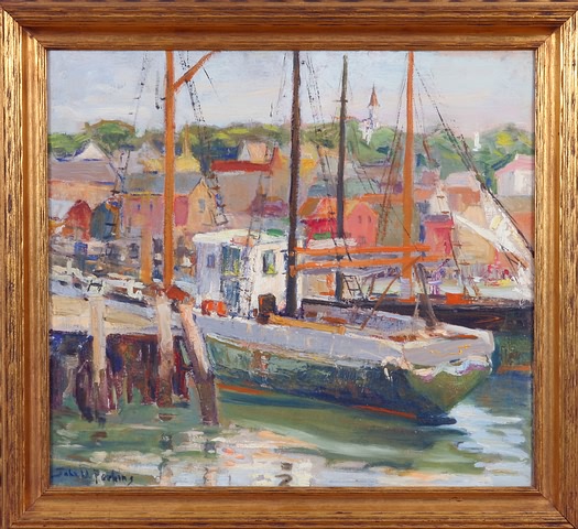 Appraisal: Boats at the dock oil on board under glass x