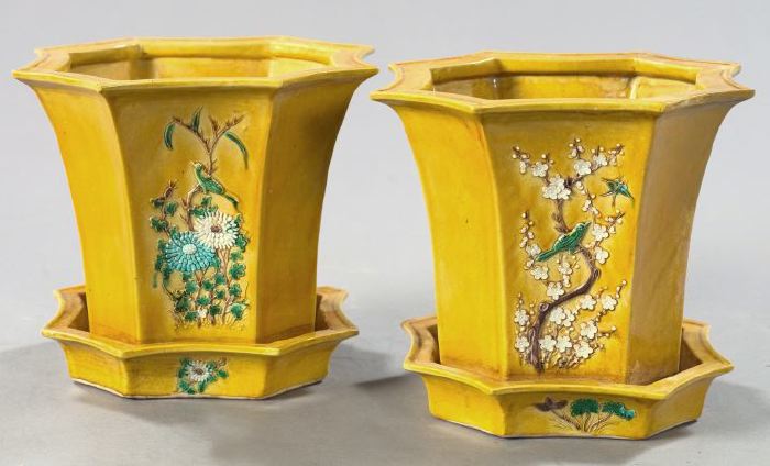 Appraisal: Pair of Chinese Famille Jaune Porcelain Jardinieres and Saucers th