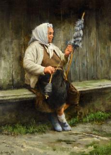 Appraisal: Clark Hulings - Woman Spinning Wool oil on canvas inchessigned