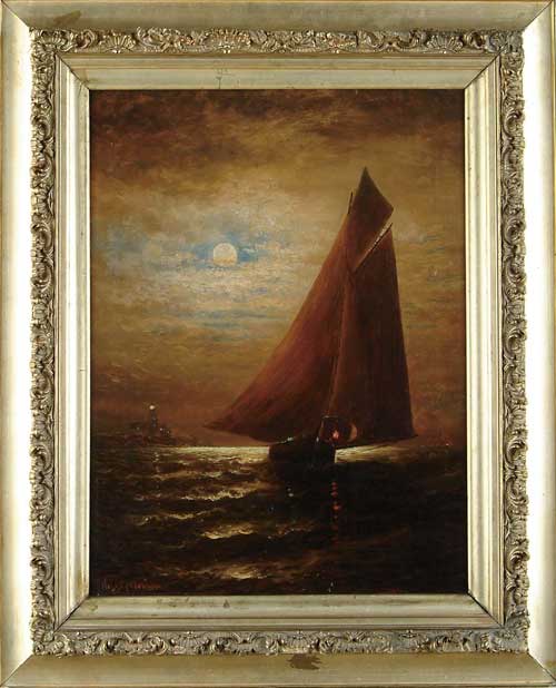 Appraisal: WESLEY WEBBER American - MOONLIGHT SAIL OFF LIGHTHOUSE Oil on