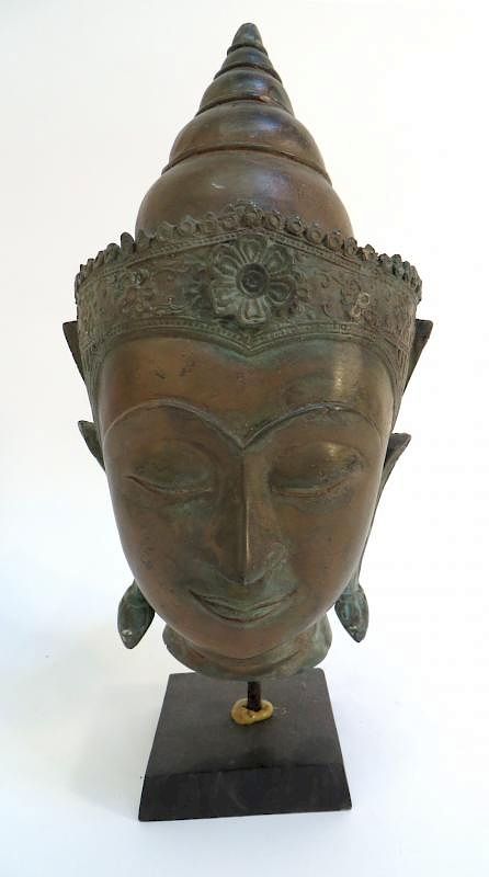 Appraisal: Antique Bronze Buddha Head On Stand Antique Bronze Buddha Head