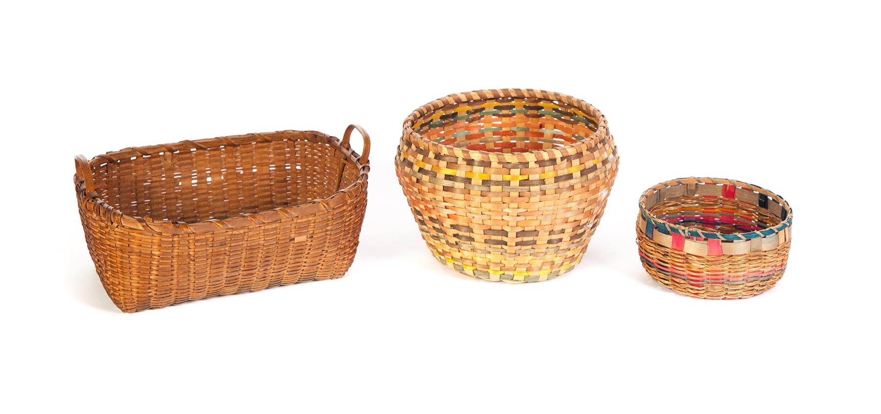 Appraisal: THREE WOVEN BASKETS American Circa Round bulbous shape with faded