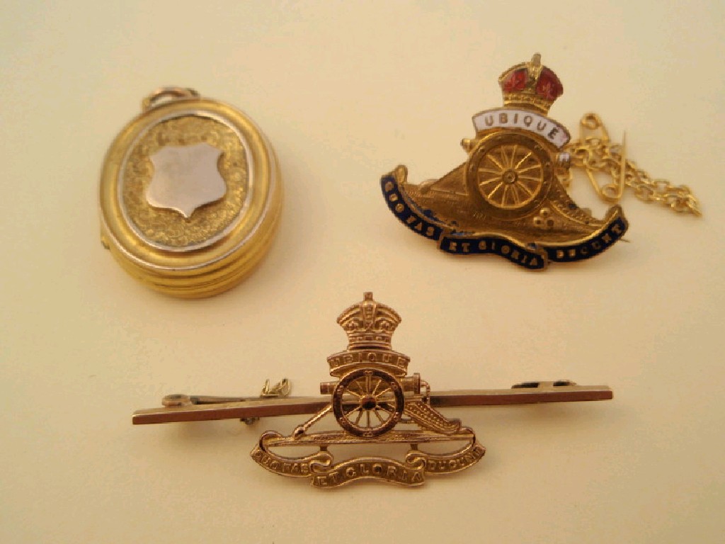 Appraisal: A Royal Artillery bar brooch stamped ct another base metal