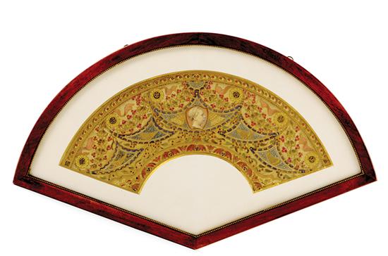 Appraisal: Finely painted fan leaf signed circa silk backing ornately painted