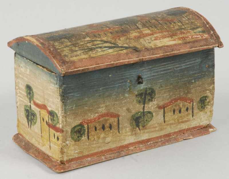 Appraisal: Early Rare Handpainted Box with Round Trunk Lid Description Circa