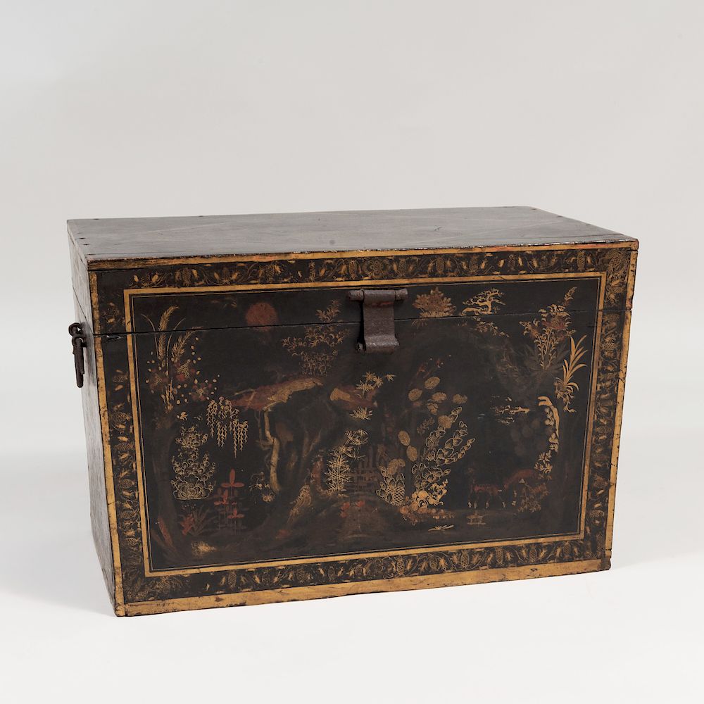 Appraisal: Chinese Export Metal-Mounted Black Lacquer and Parcel-Gilt Coffer Opening to