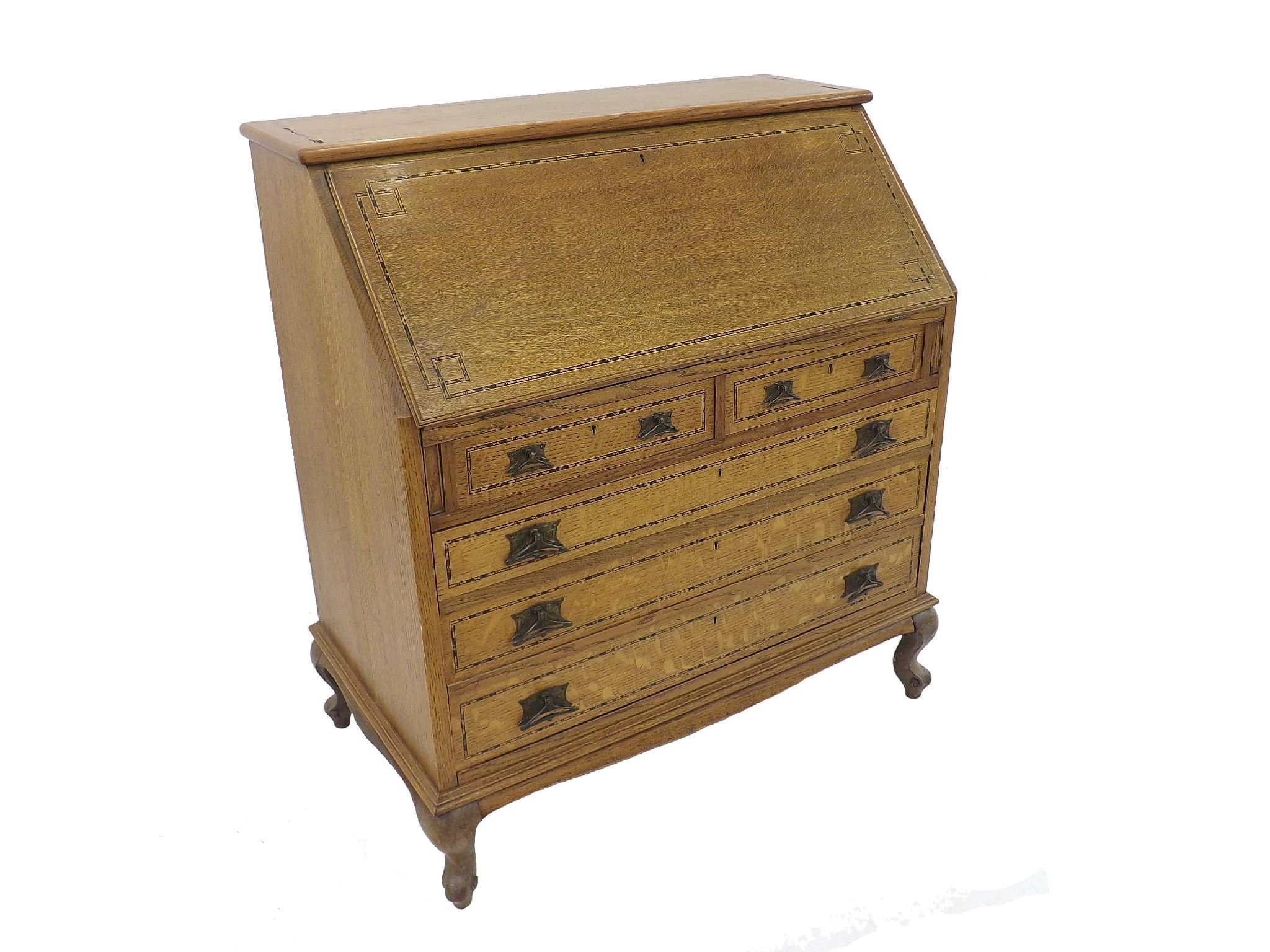 Appraisal: Early th century honey oak and marquetry crossbanded bureau the