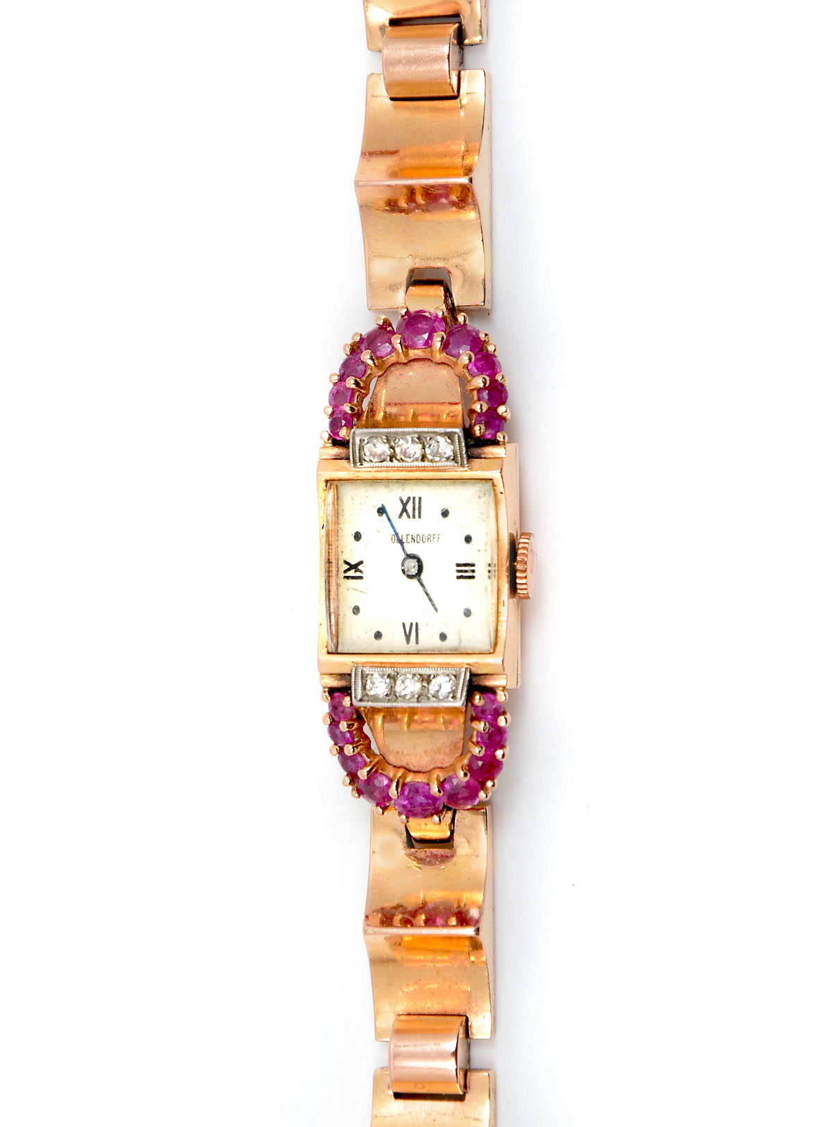 Appraisal: VINTAGE LADIES K OLLENDORFF ROSE GOLD WRISTWATCH rubies and diamonds