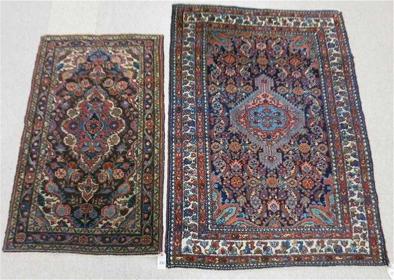 Appraisal: TWO SEMI-ANTIQUE PERSIAN BLUE FIELD AREA RUGS Hamadan tribal region