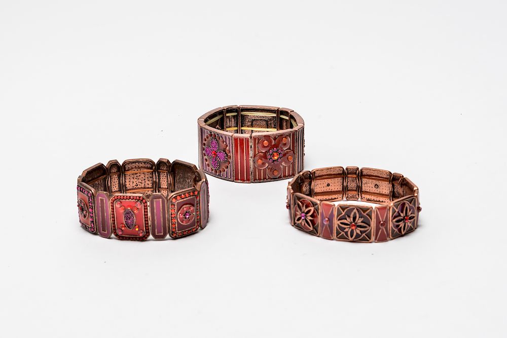 Appraisal: Enameled Floral Costume Bracelets Group of three bracelets rose-gold tone