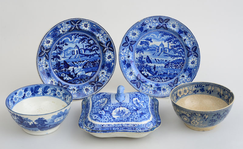 Appraisal: GROUP OF FIVE STAFFORDSHIRE BLUE TRANSFER-PRINTED POTTERY ARTICLES Comprising a