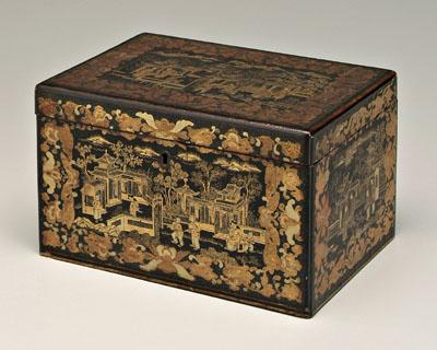 Appraisal: Chinese export black lacquer tea box gilt pavilions figures in