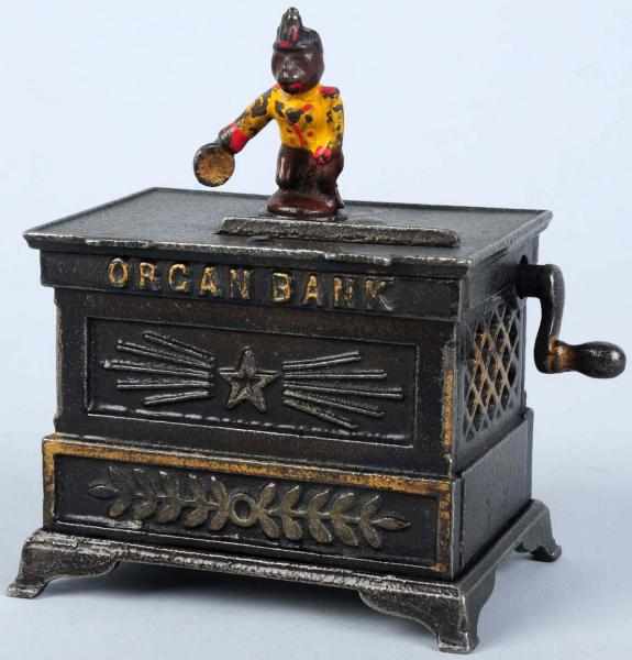 Appraisal: Cast Iron Organ Mechanical Bank Working Condition Near Mint Size