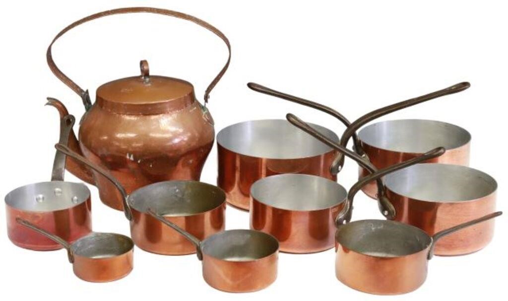 Appraisal: lot of French copper and iron kitchenware including graduated saucepans